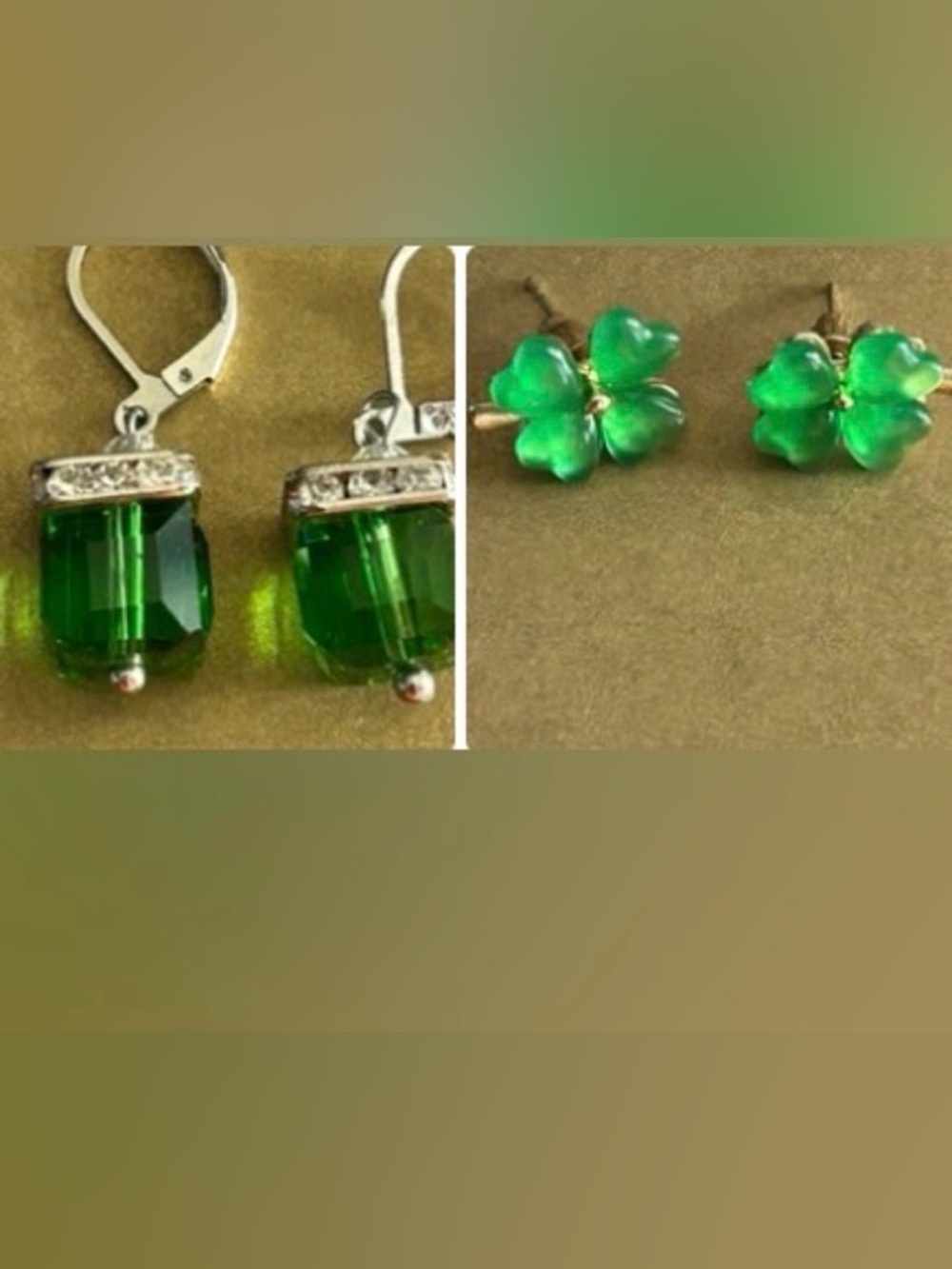 2 prs. Earrings Green Faceted Glass & crystals, resin 4-Leaf Clovers pierced🍀🌱🍀